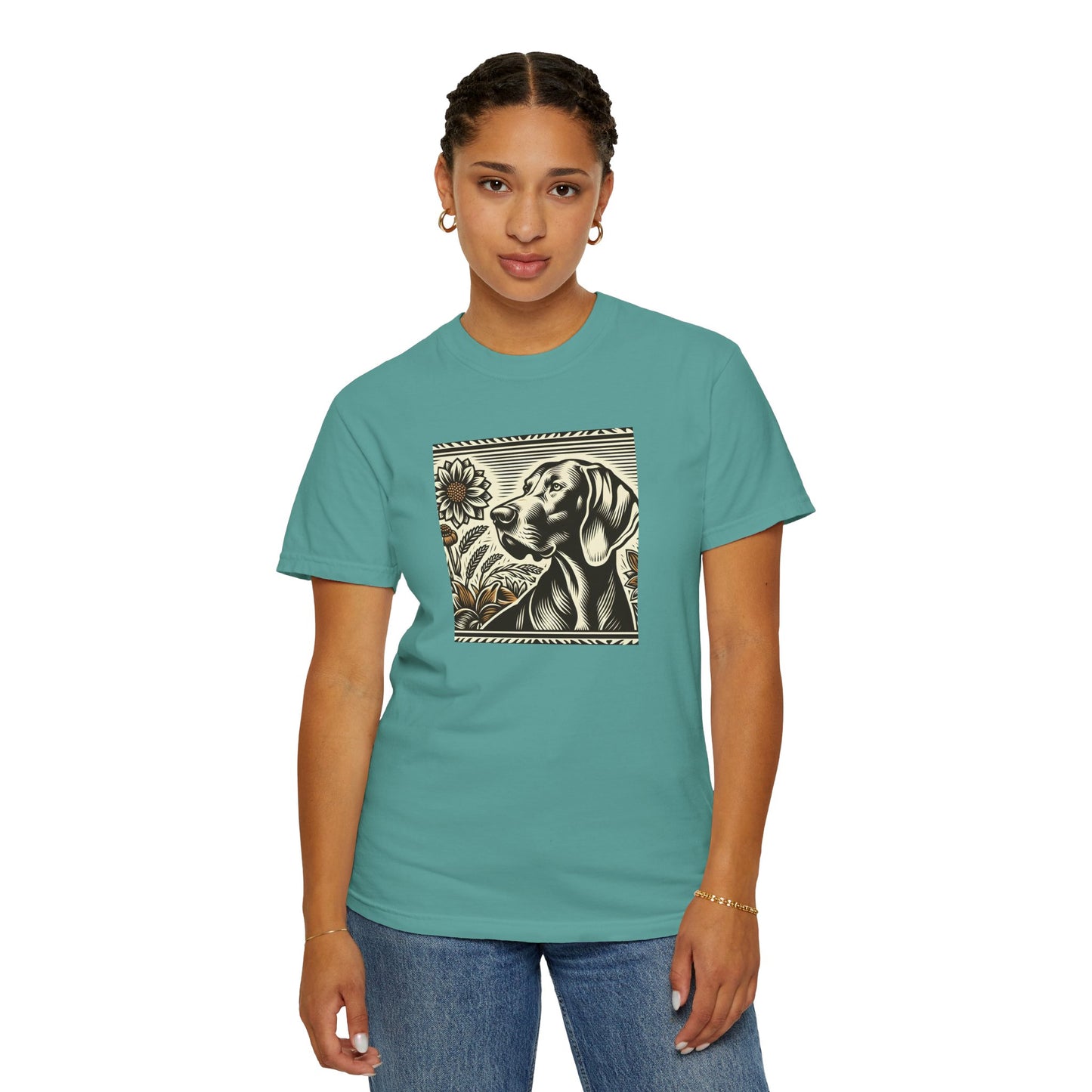 Weimaraner Dog Lover's Unisex Garment-Dyed T-Shirt with Floral Design