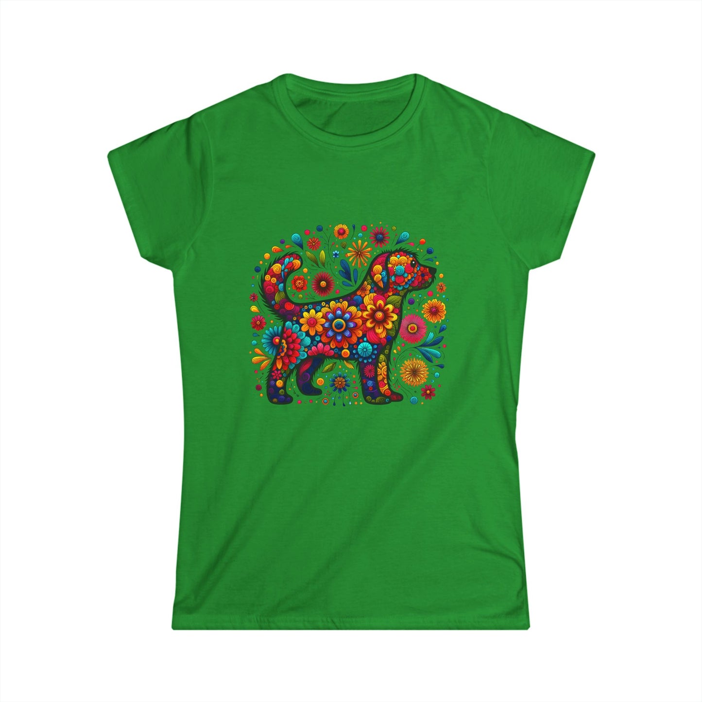 Women's Tee Colorful Dog and Flowers Artistic Design