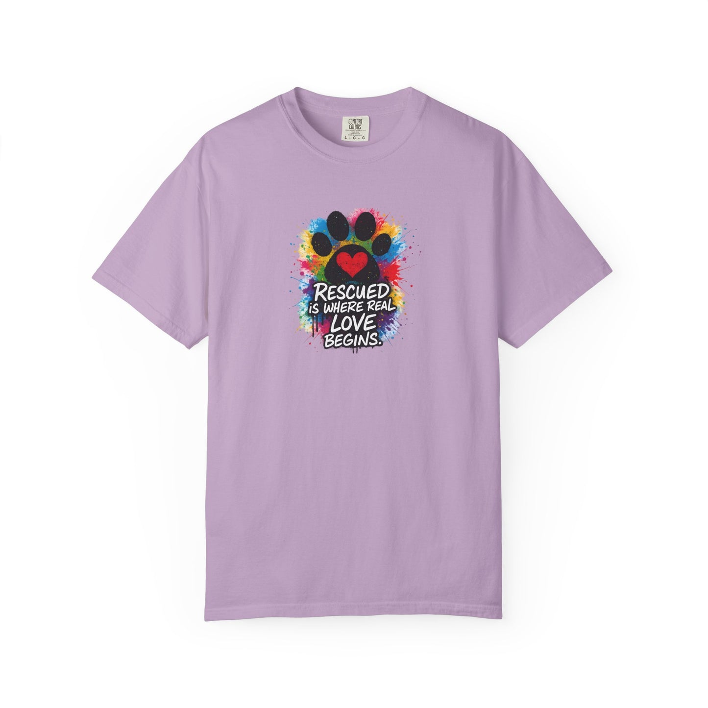 Rescued Is Where Real Love Begins T-Shirt | Paw Print Tee, Animal Lovers Gift, Dog Mom Shirt, Pet Adoption Awareness, Unisex Clothing