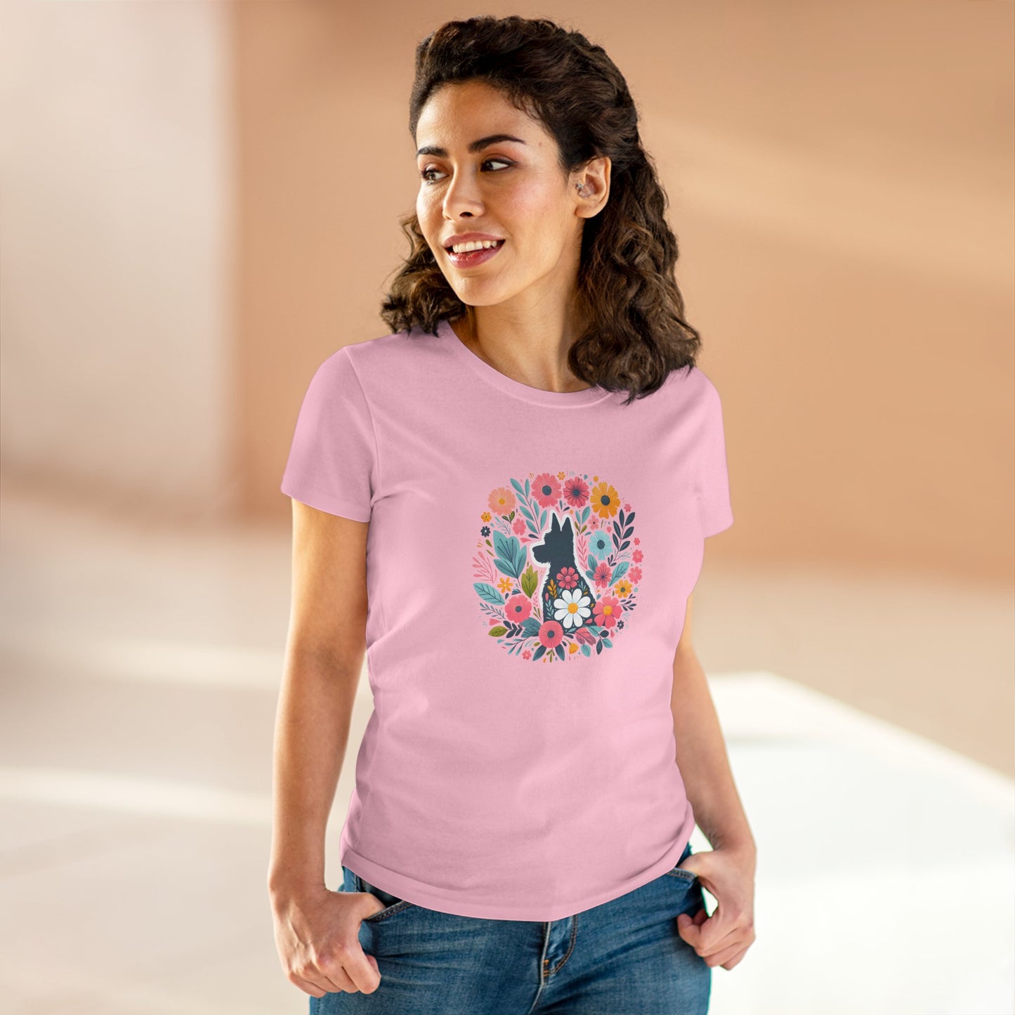 Floral Dog Silhouette Tee, Women's Cotton T-Shirt, Animal Lover Gift, Cute Summer Top, Pet Owner Apparel, Nature Inspired Design