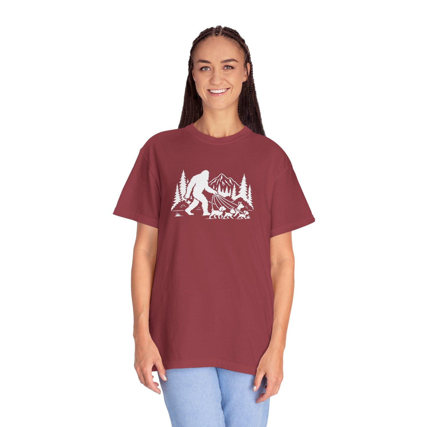 Bigfoot dog walk T-Shirt with Outdoor Adventure Design