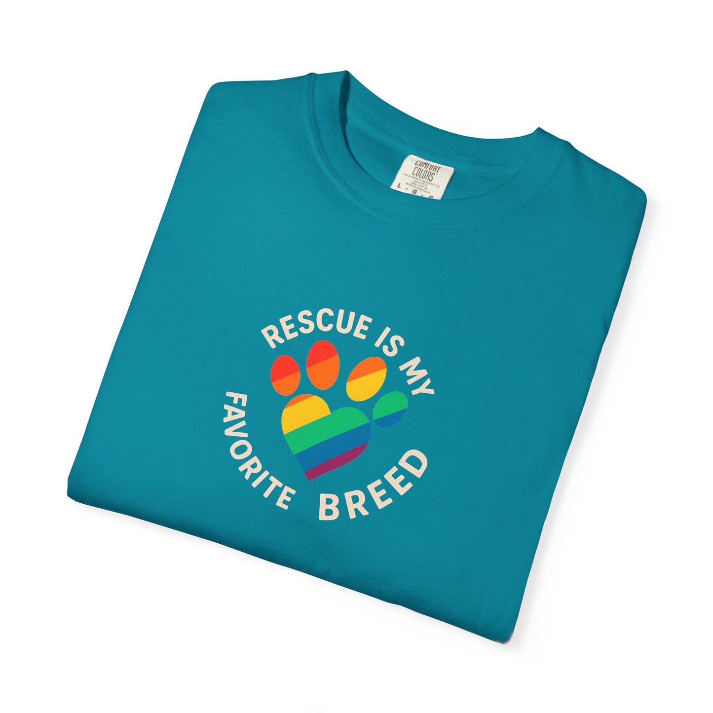 Rescue Is My Favorite Breed T-Shirt, Unisex Rainbow Dog Lover Tee, Pet Adoption Shirt, LGBTQ+ Apparel, Gift for Animal Lovers