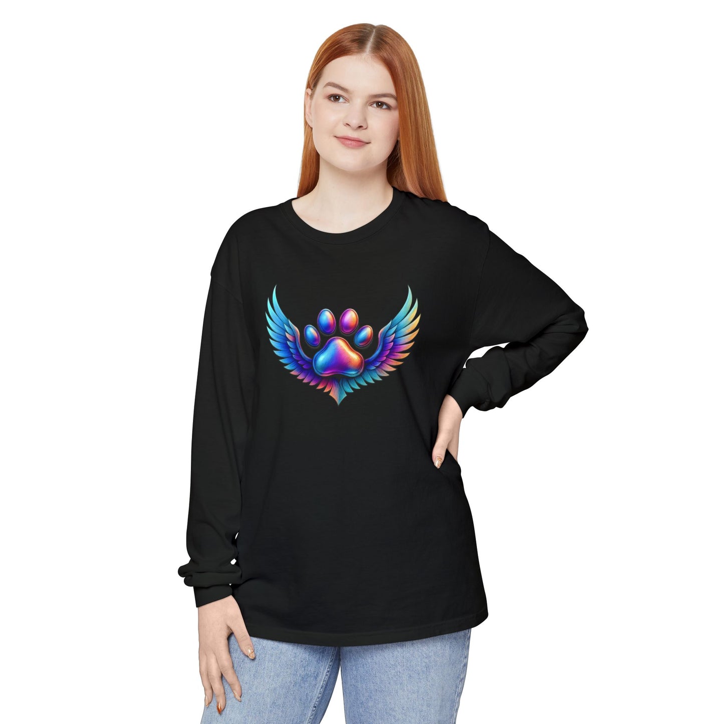 Colorful Paw Print Long Sleeve T-Shirt, Animal Lover Gift, Pet Memorial Tee, Winged Paw Shirt, Unisex Graphic Tee