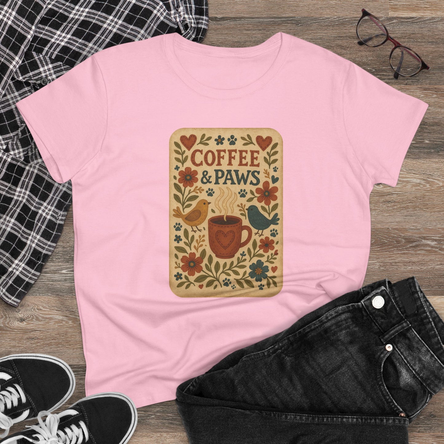 Coffee & Paws Women's Tee - Cozy Cotton Shirt for Pet Lovers, Casual Wear, Gift for Dog Owners, Dog Mom Merchandise, Animal Lover Tee