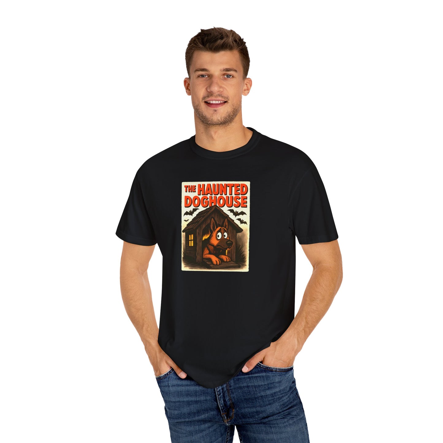 Haunted Doghouse Unisex T-Shirt, Halloween Tees, Dog Lover Shirt, Spooky Graphic Tee, Fun Casual Wear
