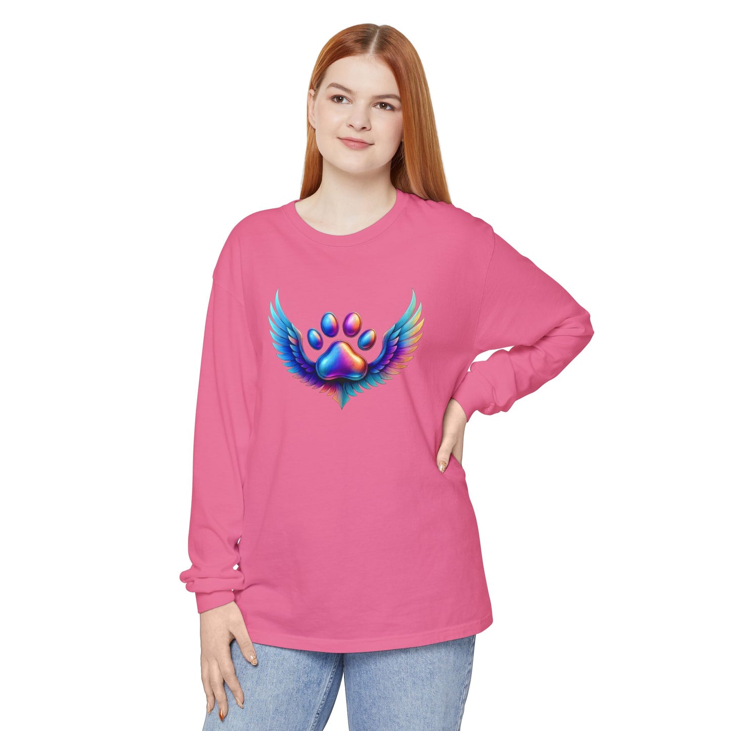 Colorful Paw Print Long Sleeve T-Shirt, Animal Lover Gift, Pet Memorial Tee, Winged Paw Shirt, Unisex Graphic Tee