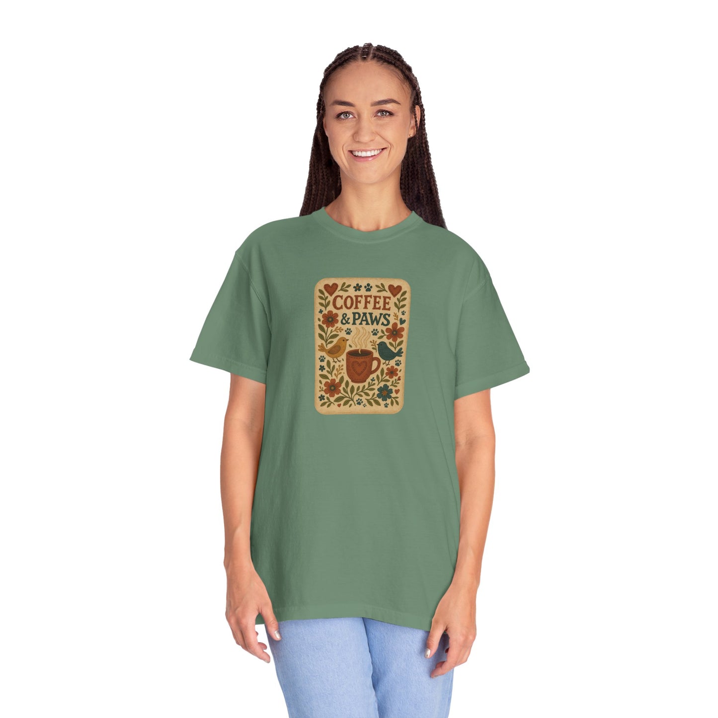 Coffee and Paws Unisex T-Shirt | Cute Pet Lover Tee, Gift for Dog Owners, Casual Wear, Animal Lover Apparel, Perfect for Coffee Lovers