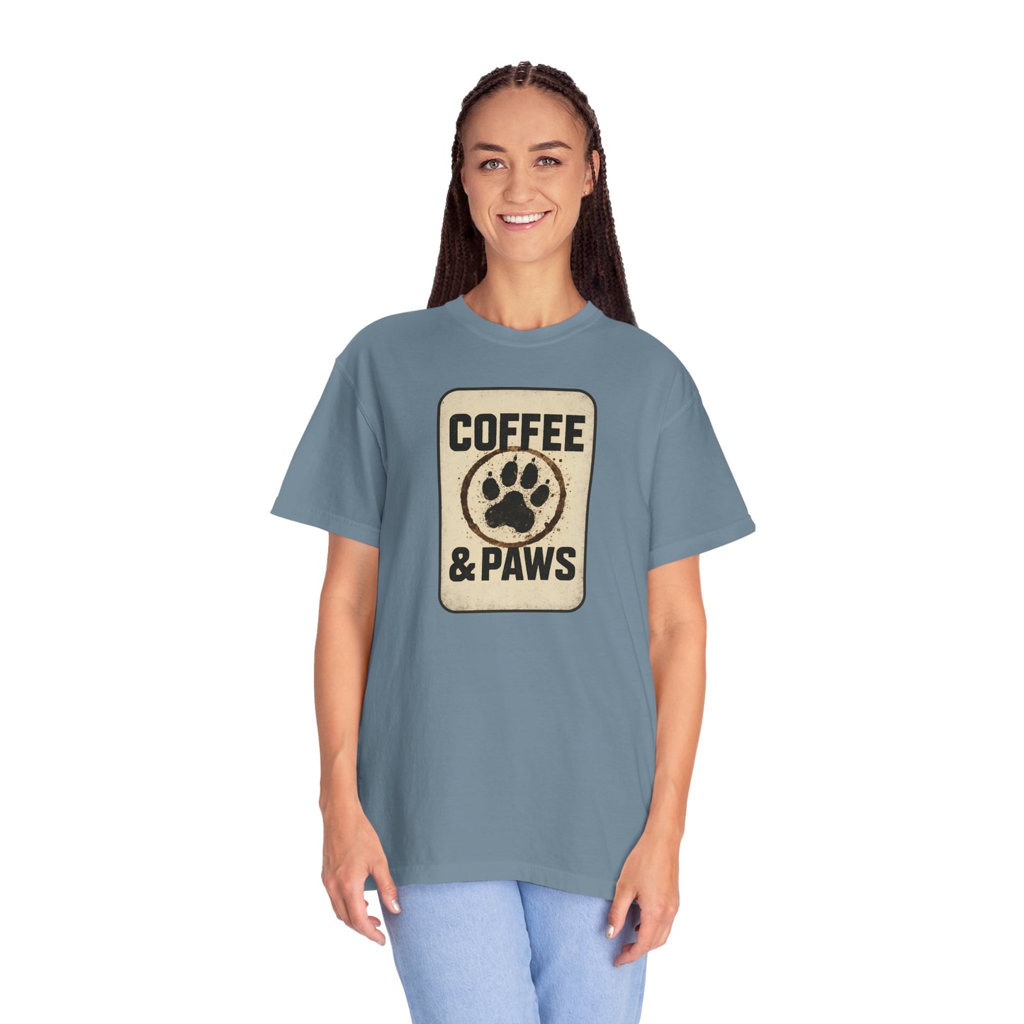 Coffee & Paws Unisex Garment-Dyed T-shirt, Dog Lover Tee, Pet Owner Gift, Coffee Lover Shirt, Animal Enthusiast Apparel, Casual Wear