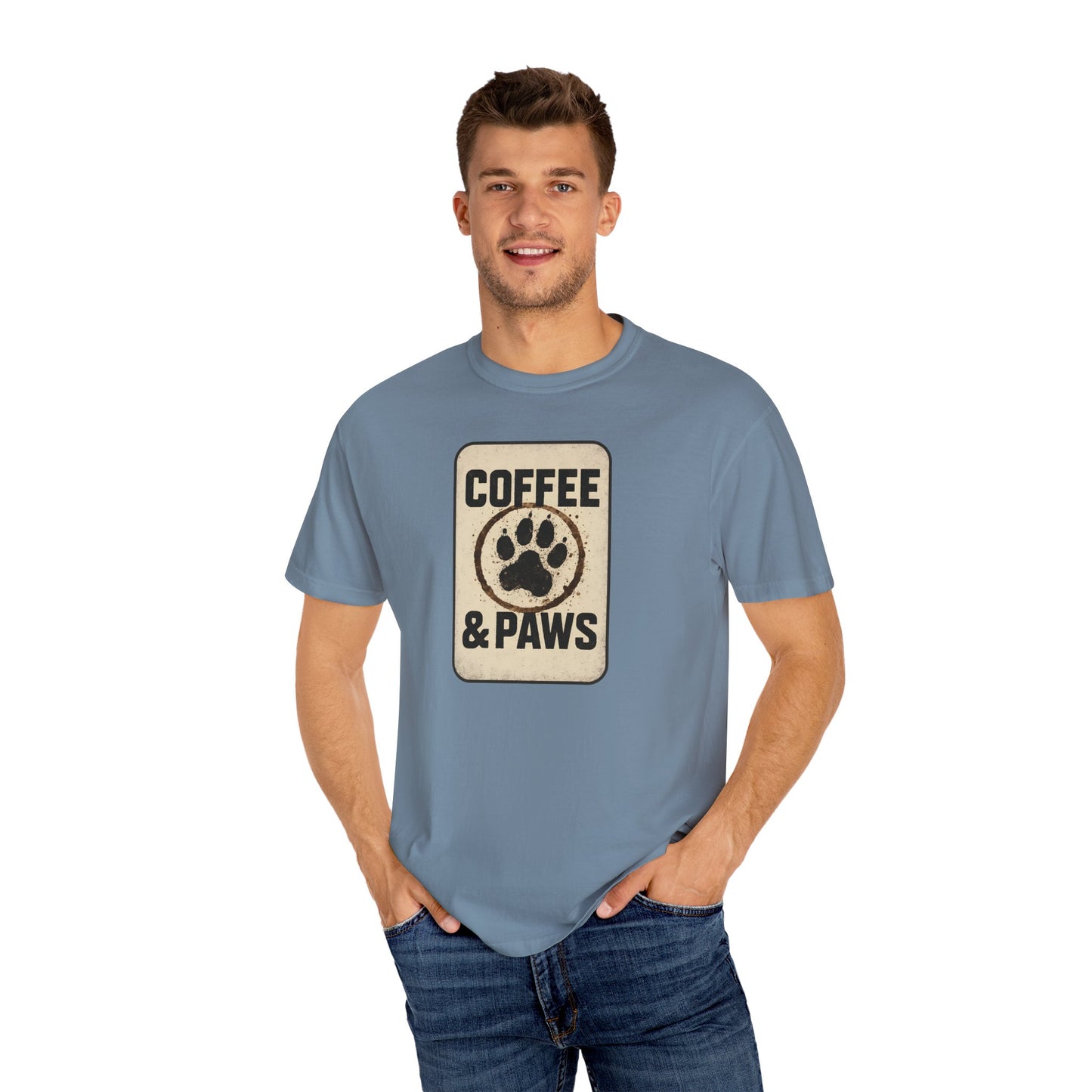 Coffee & Paws Unisex Garment-Dyed T-shirt, Dog Lover Tee, Pet Owner Gift, Coffee Lover Shirt, Animal Enthusiast Apparel, Casual Wear