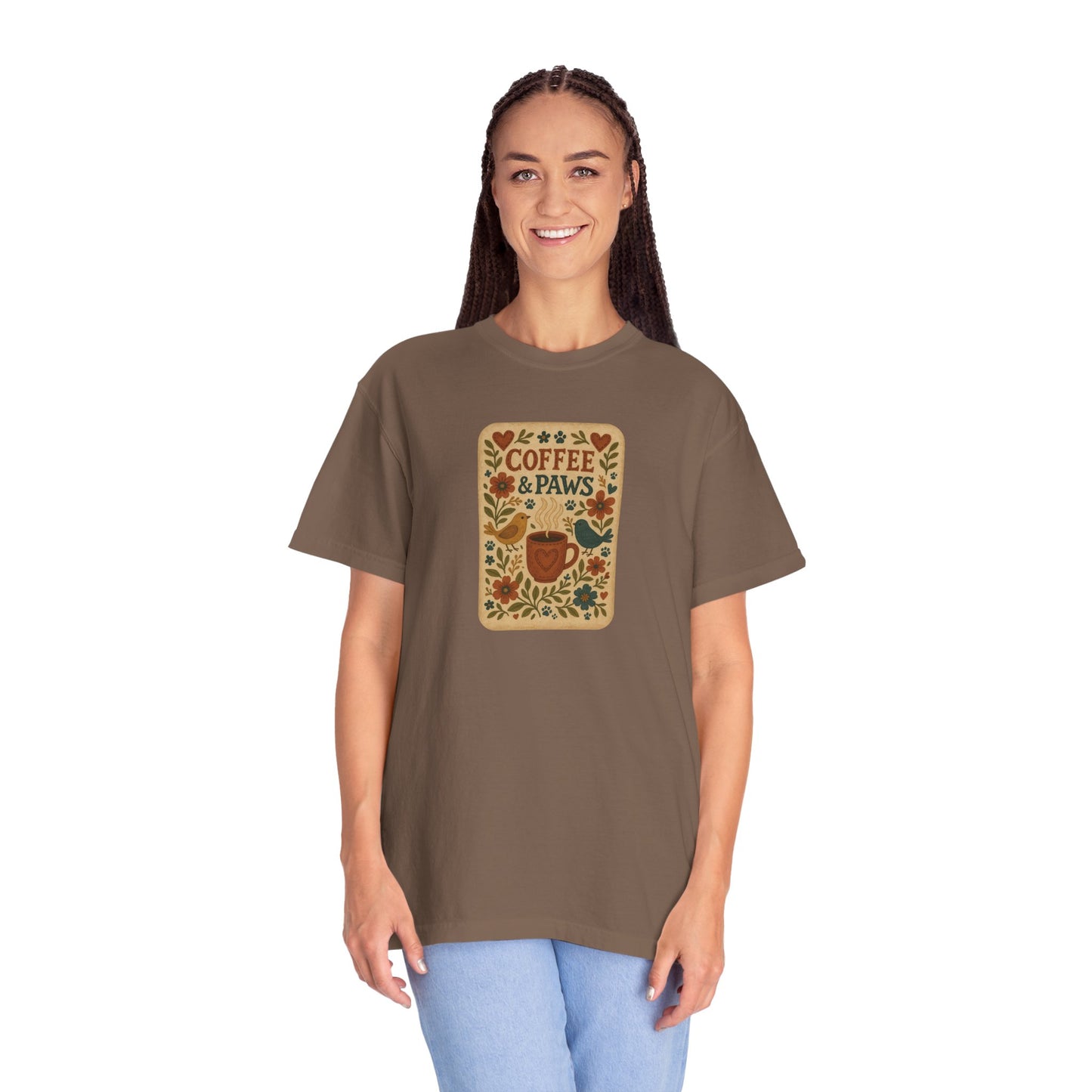 Coffee and Paws Unisex T-Shirt | Cute Pet Lover Tee, Gift for Dog Owners, Casual Wear, Animal Lover Apparel, Perfect for Coffee Lovers