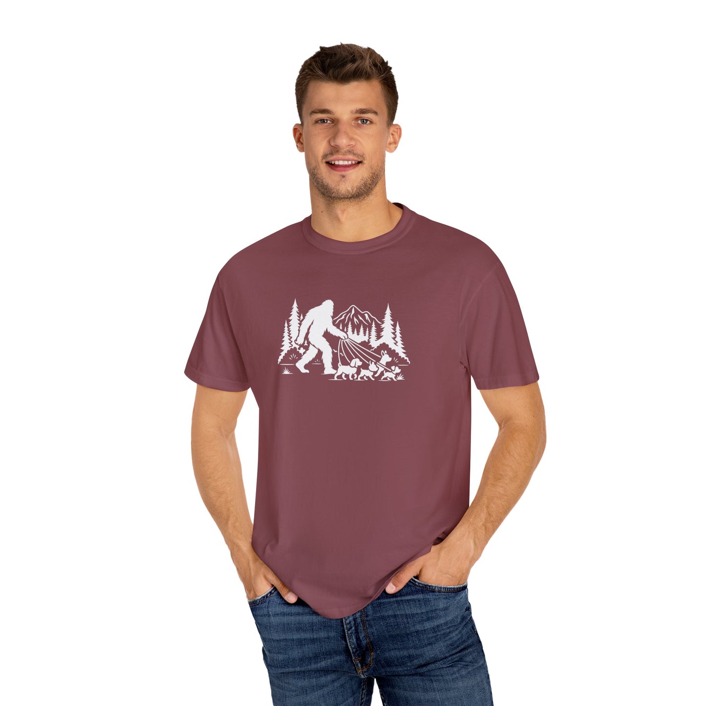 Bigfoot dog walk T-Shirt with Outdoor Adventure Design