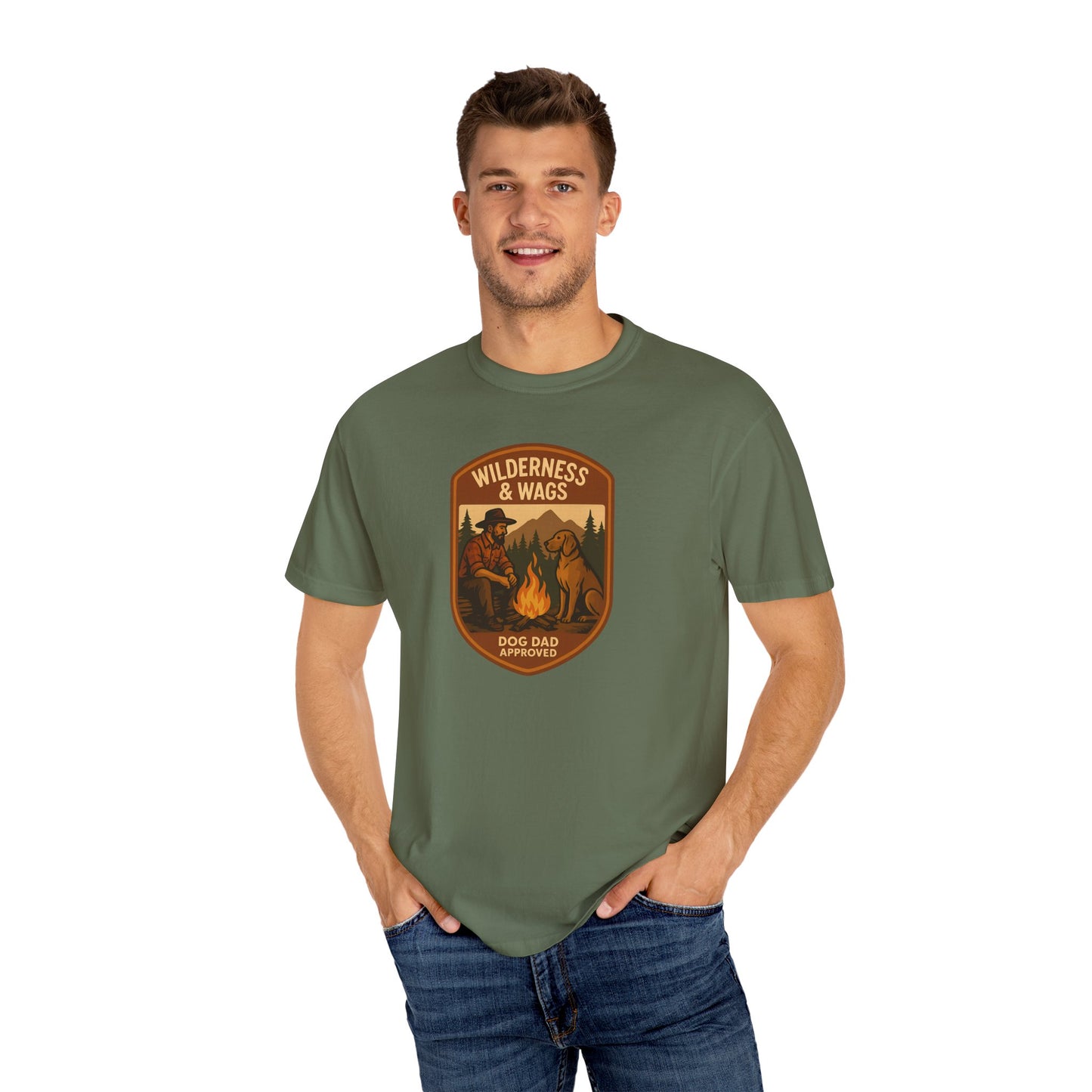 Wilderness & Wags Dog Dad Unisex T-Shirt, Dog Lover Gift, Camping Tee, Father’s Day Apparel, Nature-Inspired Shirt