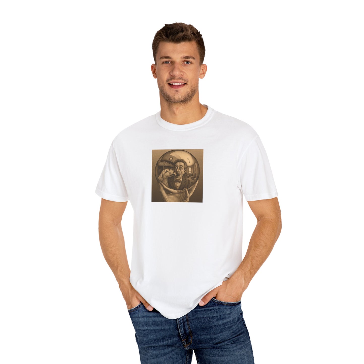 MC Escher and His Dog Unisex Garment-Dyed T-shirt - Retro Design for Creative Souls