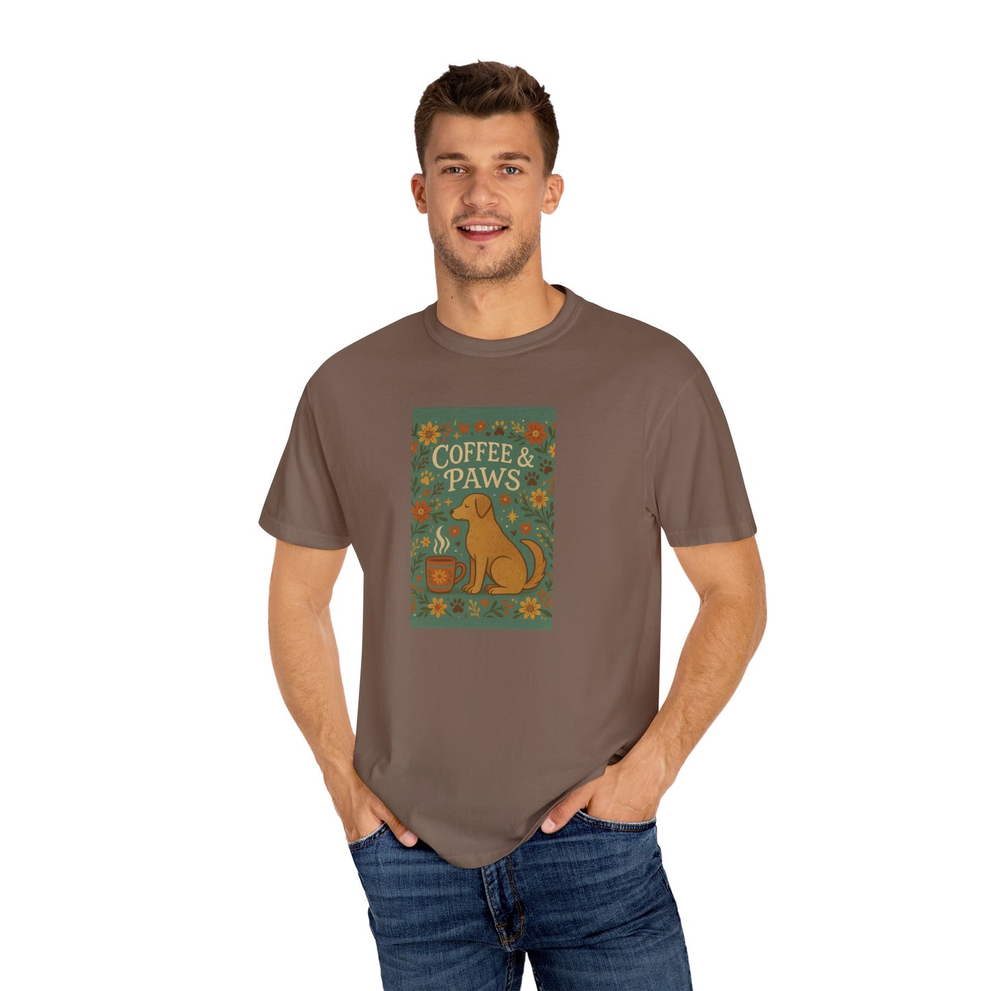 Coffee & Paws Unisex Garment-Dyed T-Shirt - Cute Dog Lovers Gift, Pet Owners Tee, Floral Design, Coffee Enthusiast Top, Casual Wear