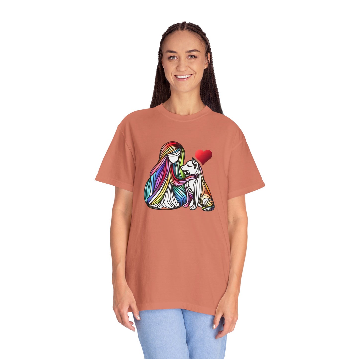 Colorful Dog Love Unisex T-Shirt - Garment-Dyed Cat & Woman Design