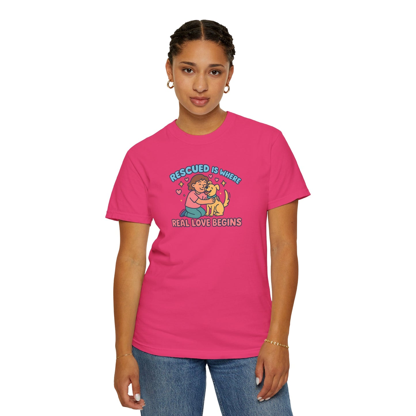 Rescued Is Where Real Love Begins Unisex T-Shirt - For Animal Lovers, Gift for Dog Owners, Adoption Awareness Tee, Casual Wear, Eco-Friendly Fashion