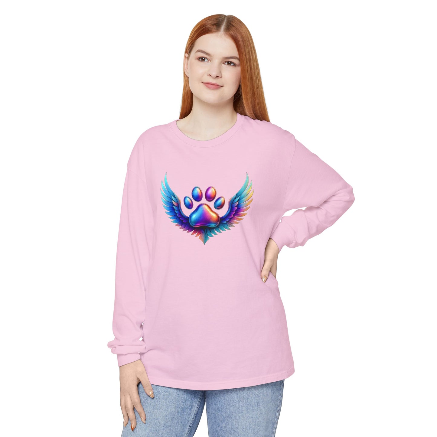 Colorful Paw Print Long Sleeve T-Shirt, Animal Lover Gift, Pet Memorial Tee, Winged Paw Shirt, Unisex Graphic Tee