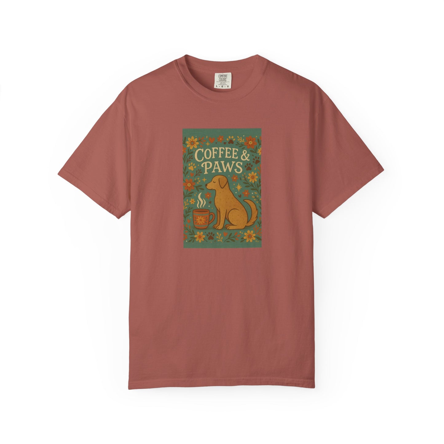 Coffee & Paws Unisex Garment-Dyed T-Shirt - Cute Dog Lovers Gift, Pet Owners Tee, Floral Design, Coffee Enthusiast Top, Casual Wear