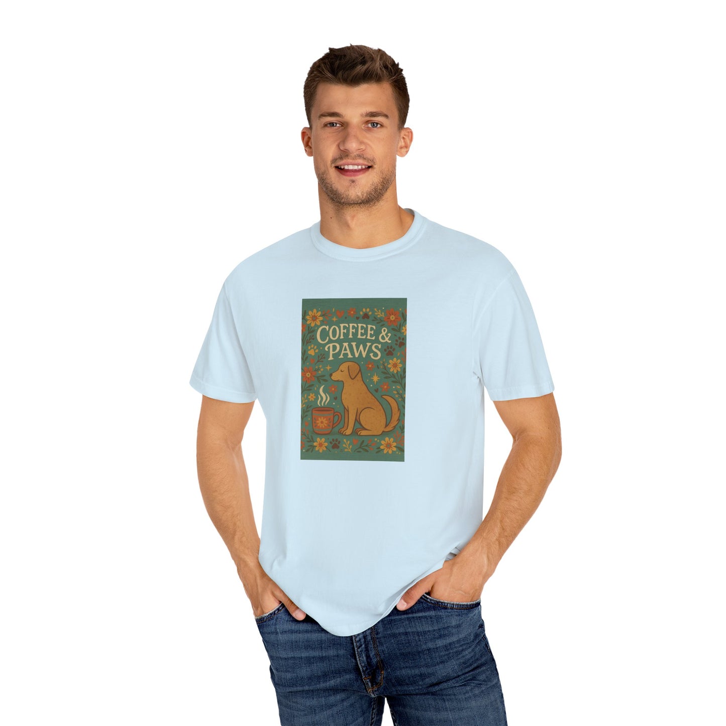 Coffee & Paws Unisex Garment-Dyed T-Shirt - Cute Dog Lovers Gift, Pet Owners Tee, Floral Design, Coffee Enthusiast Top, Casual Wear