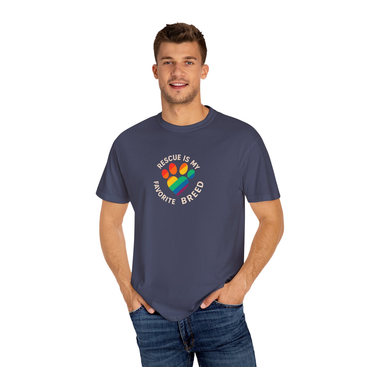 Rescue Is My Favorite Breed T-Shirt, Unisex Rainbow Dog Lover Tee, Pet Adoption Shirt, LGBTQ+ Apparel, Gift for Animal Lovers