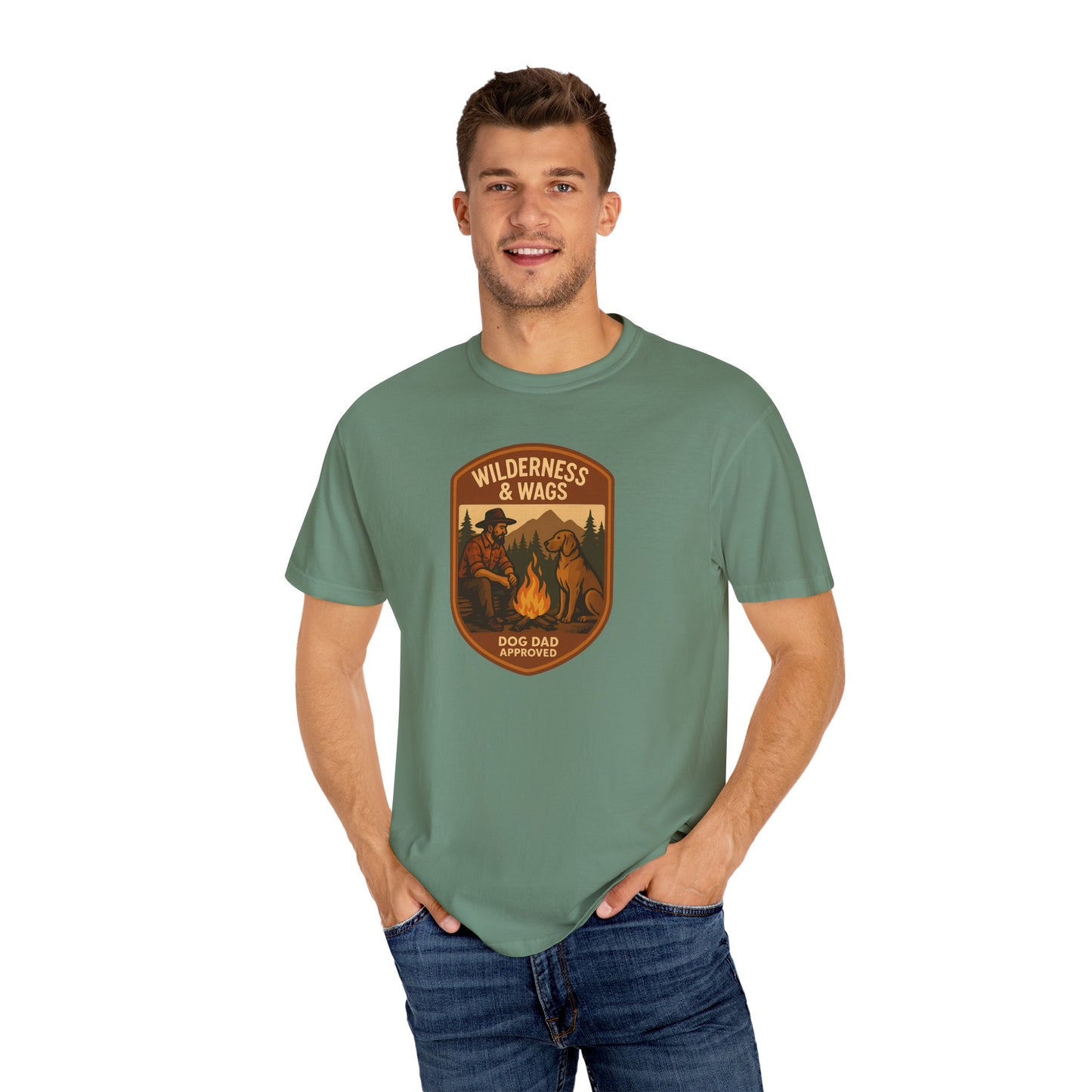 Wilderness & Wags Dog Dad Unisex T-Shirt, Dog Lover Gift, Camping Tee, Father’s Day Apparel, Nature-Inspired Shirt