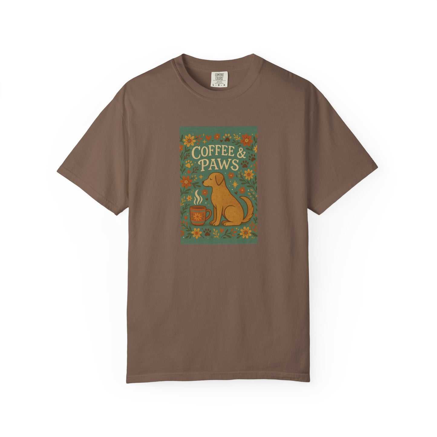 Coffee & Paws Unisex Garment-Dyed T-Shirt - Cute Dog Lovers Gift, Pet Owners Tee, Floral Design, Coffee Enthusiast Top, Casual Wear