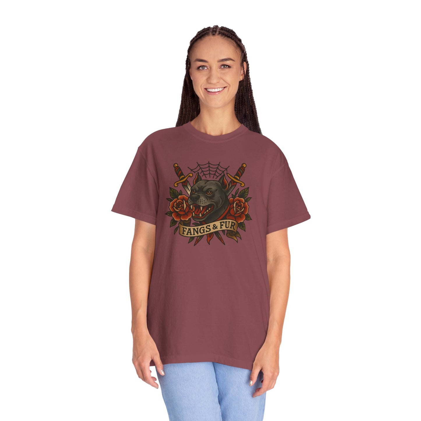 Fangs & Fur Unisex T-Shirt, Gothic Tee, Halloween Apparel, Alternative Fashion, Cat & Rose Design, Graphic T-Shirt