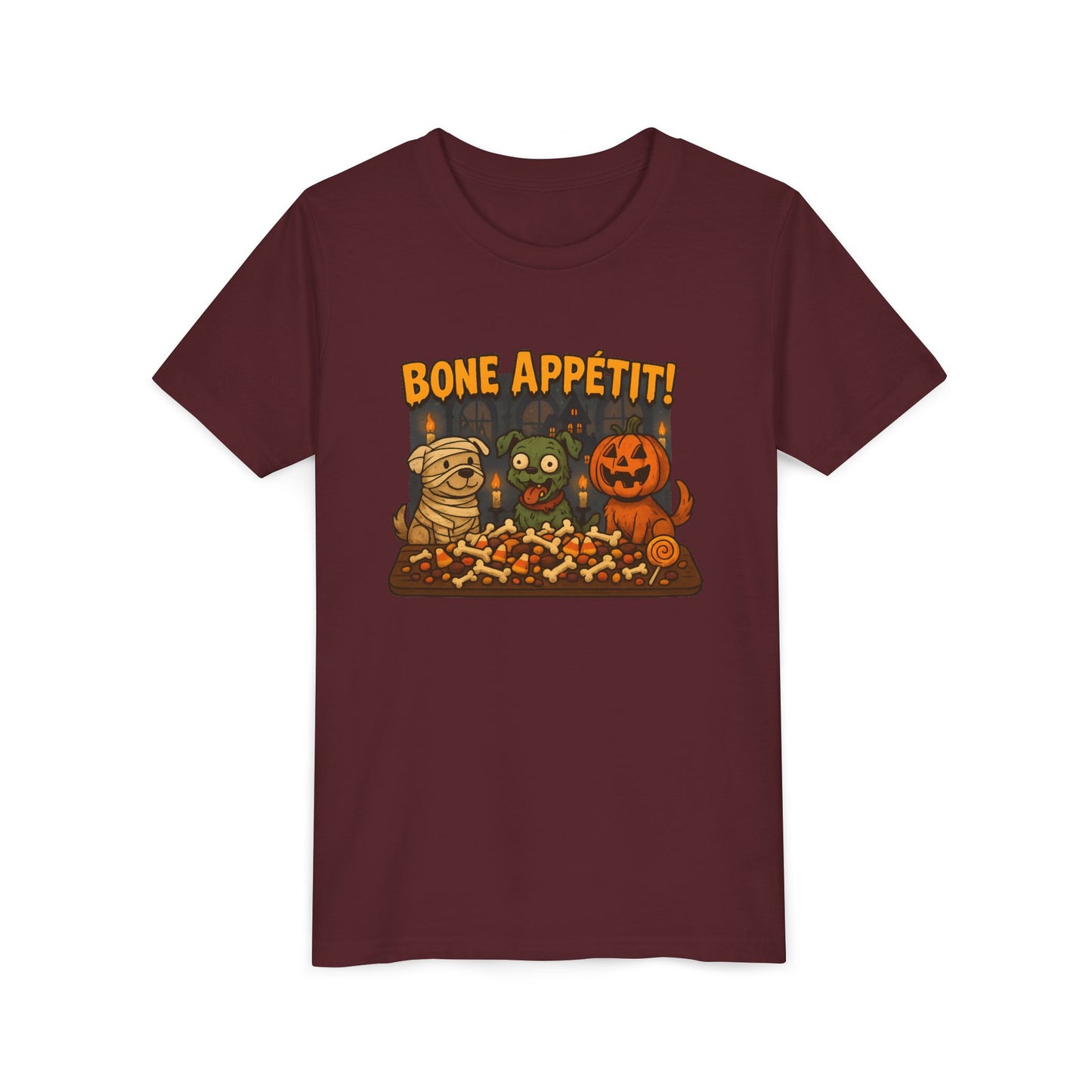 Halloween Kids Tee - Bone Appetit! Funny Short Sleeve Shirt for Trick or Treat, Spooky Season, Gift for Kids