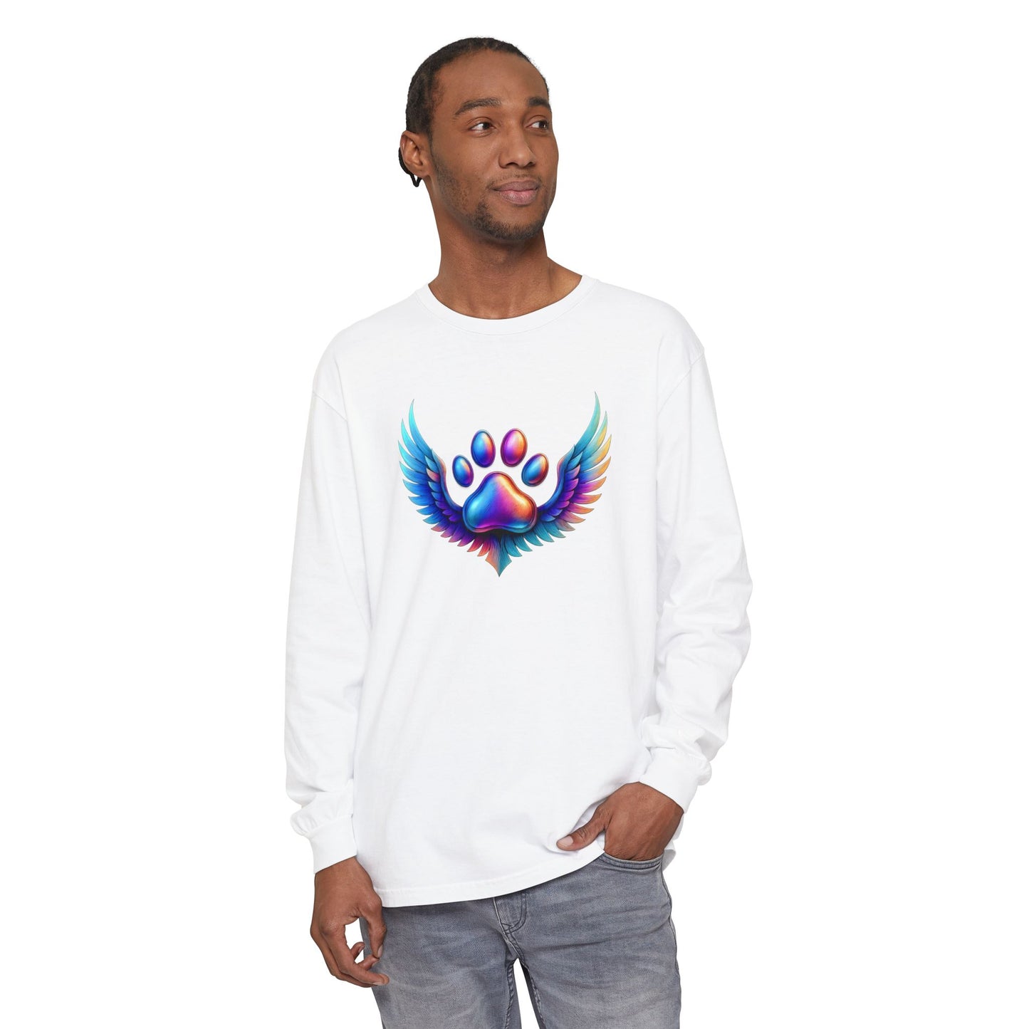 Colorful Paw Print Long Sleeve T-Shirt, Animal Lover Gift, Pet Memorial Tee, Winged Paw Shirt, Unisex Graphic Tee