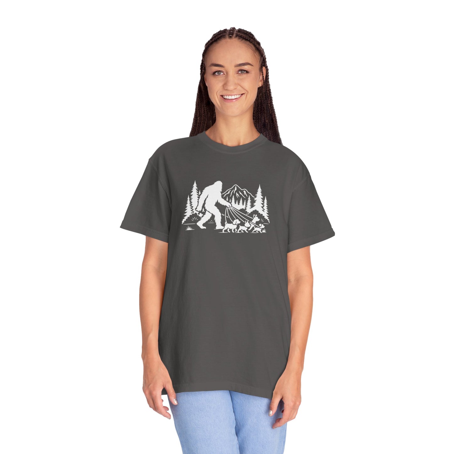 Bigfoot dog walk T-Shirt with Outdoor Adventure Design