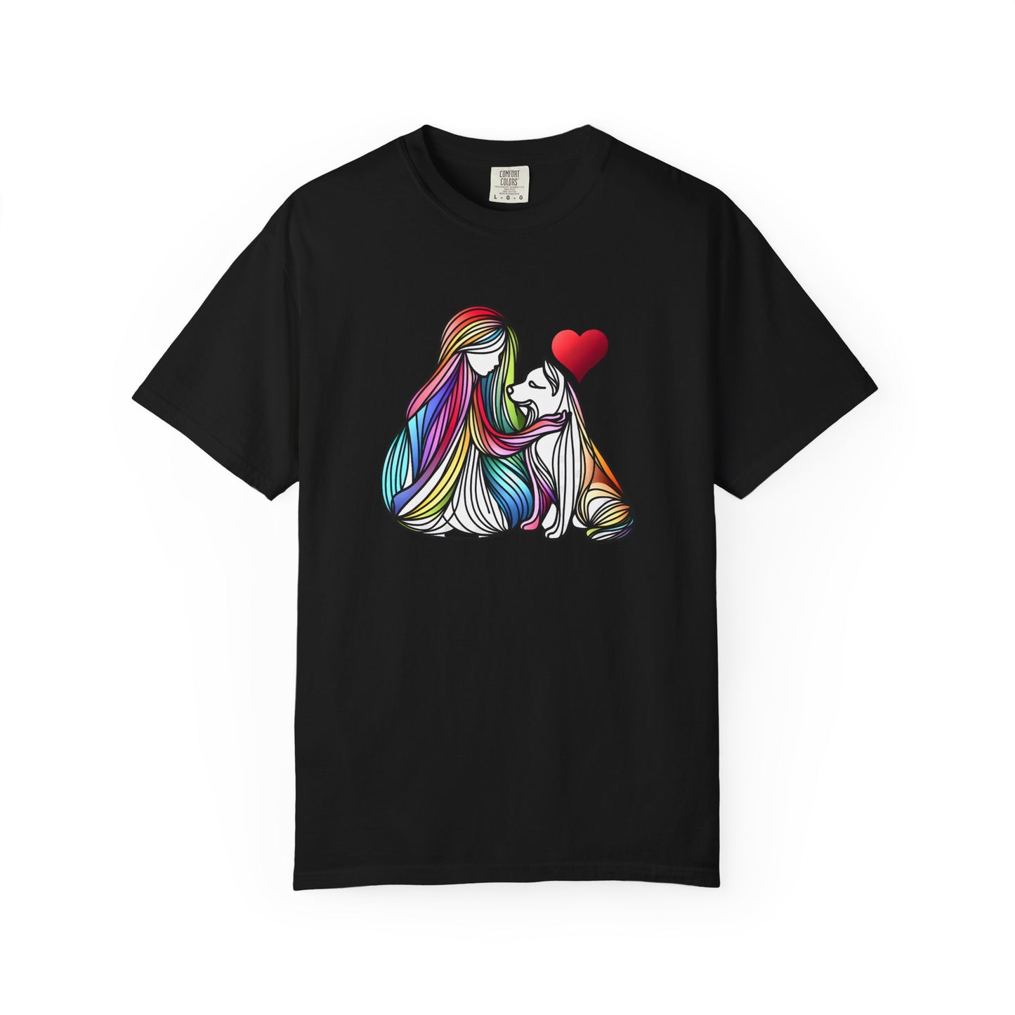 Colorful Dog Love Unisex T-Shirt - Garment-Dyed Cat & Woman Design