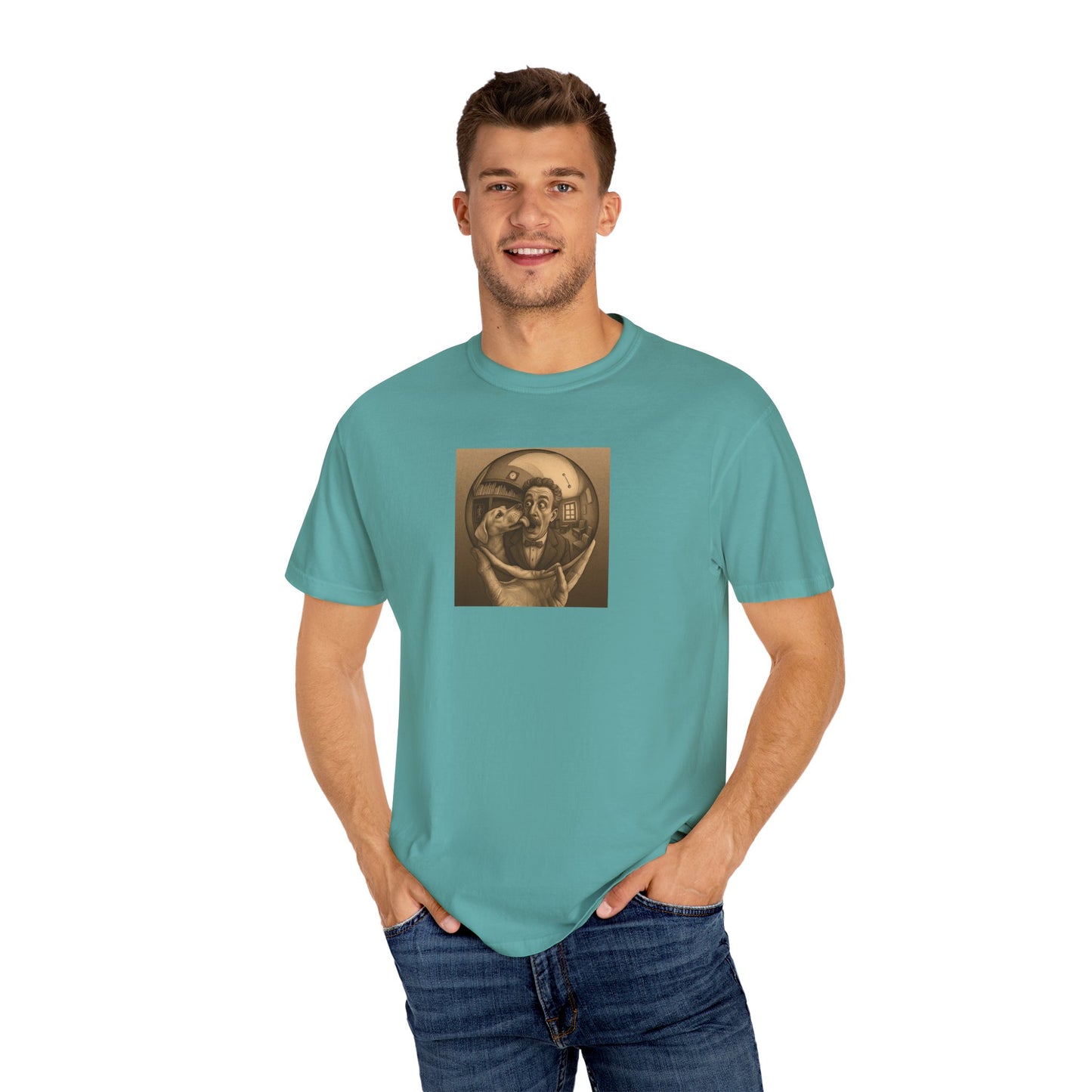 MC Escher and His Dog Unisex Garment-Dyed T-shirt - Retro Design for Creative Souls