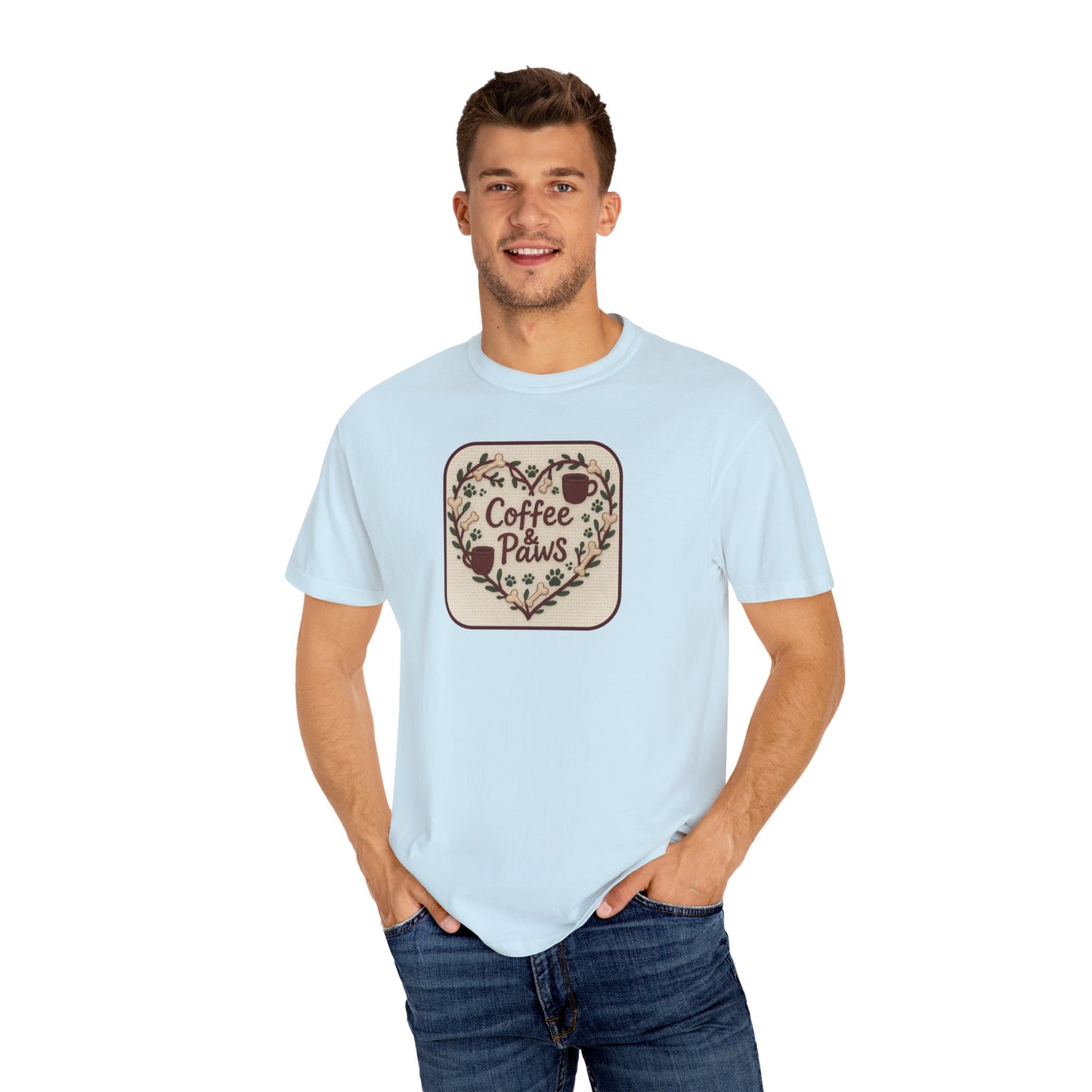 Coffee Paws Unisex Garment-Dyed T-shirt, Cute Coffee Lover Tee, Gift for Dog Owners, Nature-Inspired Shirt, Cozy Casual Wear