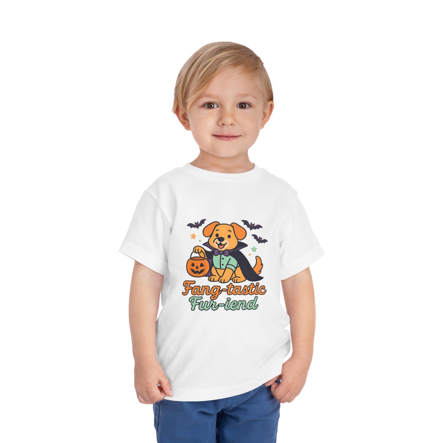Fang-tastic Fur-iend Toddler Tee, Halloween Shirt for Kids, Cute Dog Graphic Tee, Toddler Halloween Outfit, Fall Celebration T-Shirt