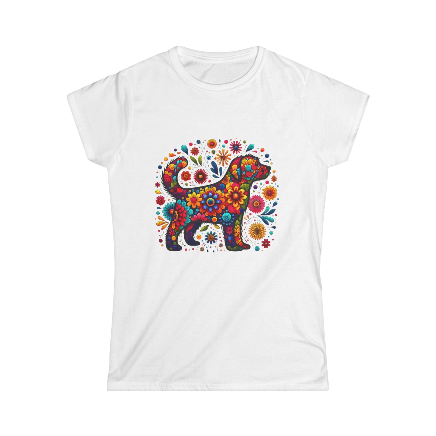 Women's Tee Colorful Dog and Flowers Artistic Design