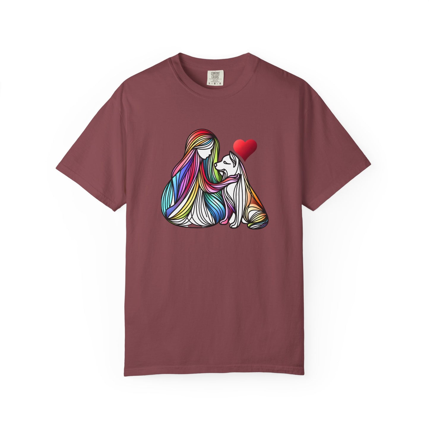 Colorful Dog Love Unisex T-Shirt - Garment-Dyed Cat & Woman Design