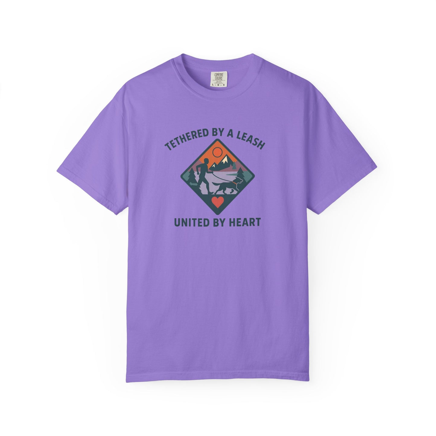 Canicross - Tethered by a Leash Unisex Garment-Dyed T-shirt - Adventure and Heart Design