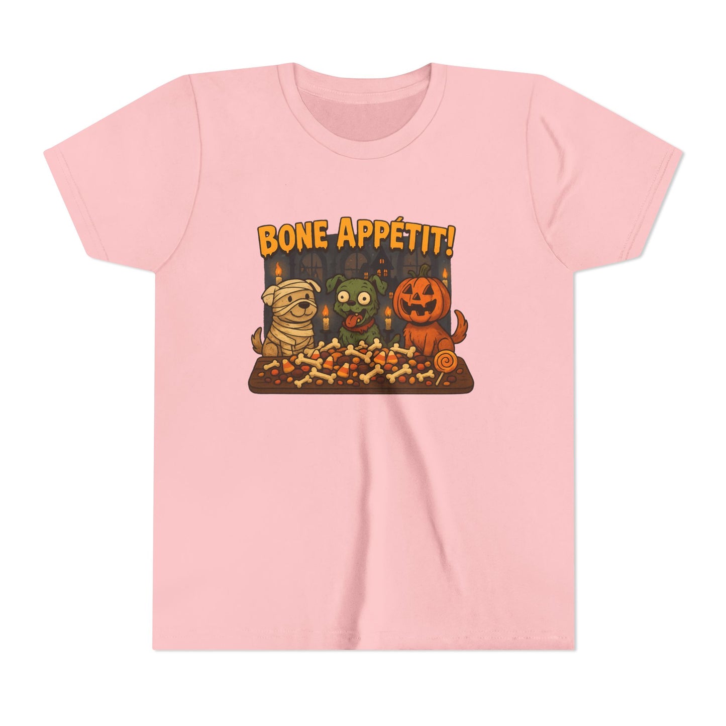 Halloween Kids Tee - Bone Appetit! Funny Short Sleeve Shirt for Trick or Treat, Spooky Season, Gift for Kids