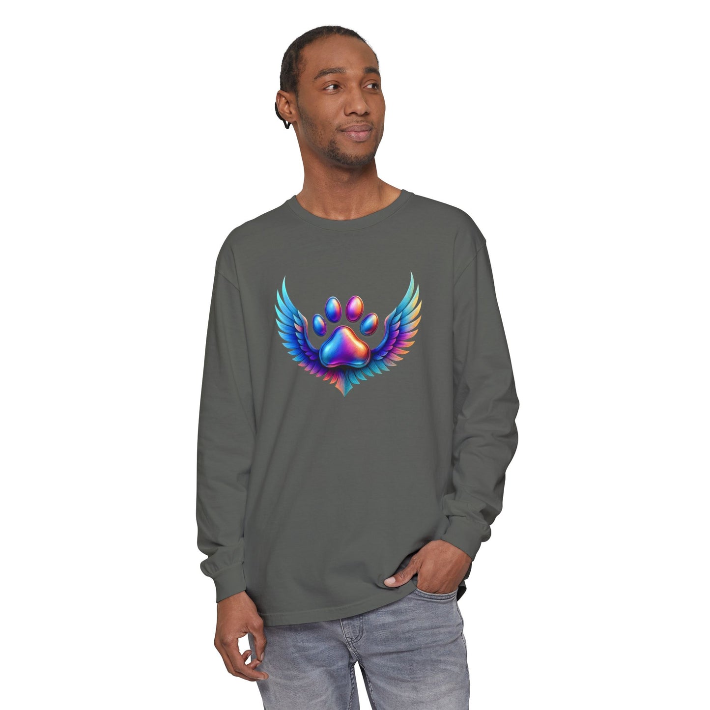 Colorful Paw Print Long Sleeve T-Shirt, Animal Lover Gift, Pet Memorial Tee, Winged Paw Shirt, Unisex Graphic Tee