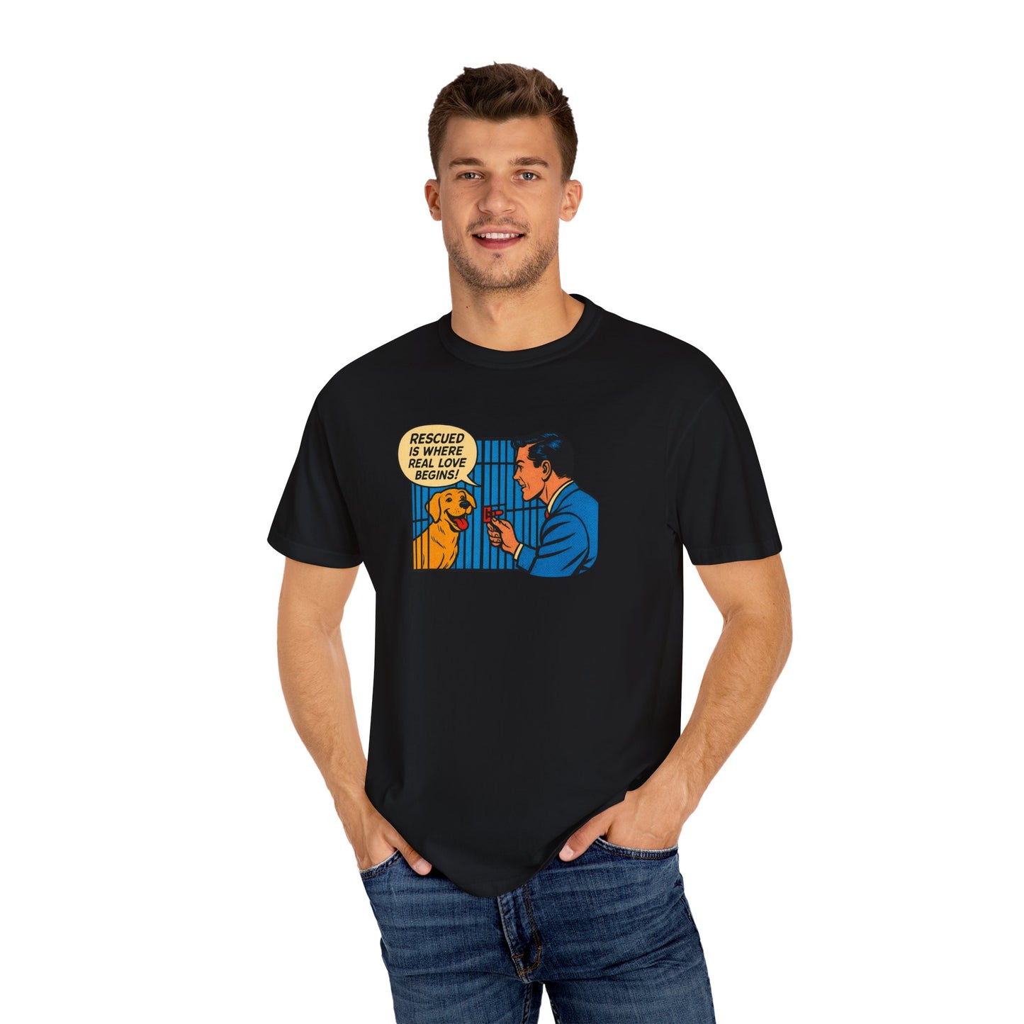 Rescued Is Where Real Love Begins Tee, Dog Lover T-Shirt, Vintage Style Animal Rights Shirt, Funny Pet Owner Gift, Animal Rescue Awareness Wear
