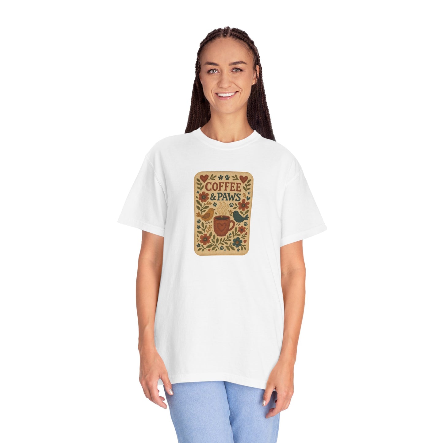 Coffee and Paws Unisex T-Shirt | Cute Pet Lover Tee, Gift for Dog Owners, Casual Wear, Animal Lover Apparel, Perfect for Coffee Lovers