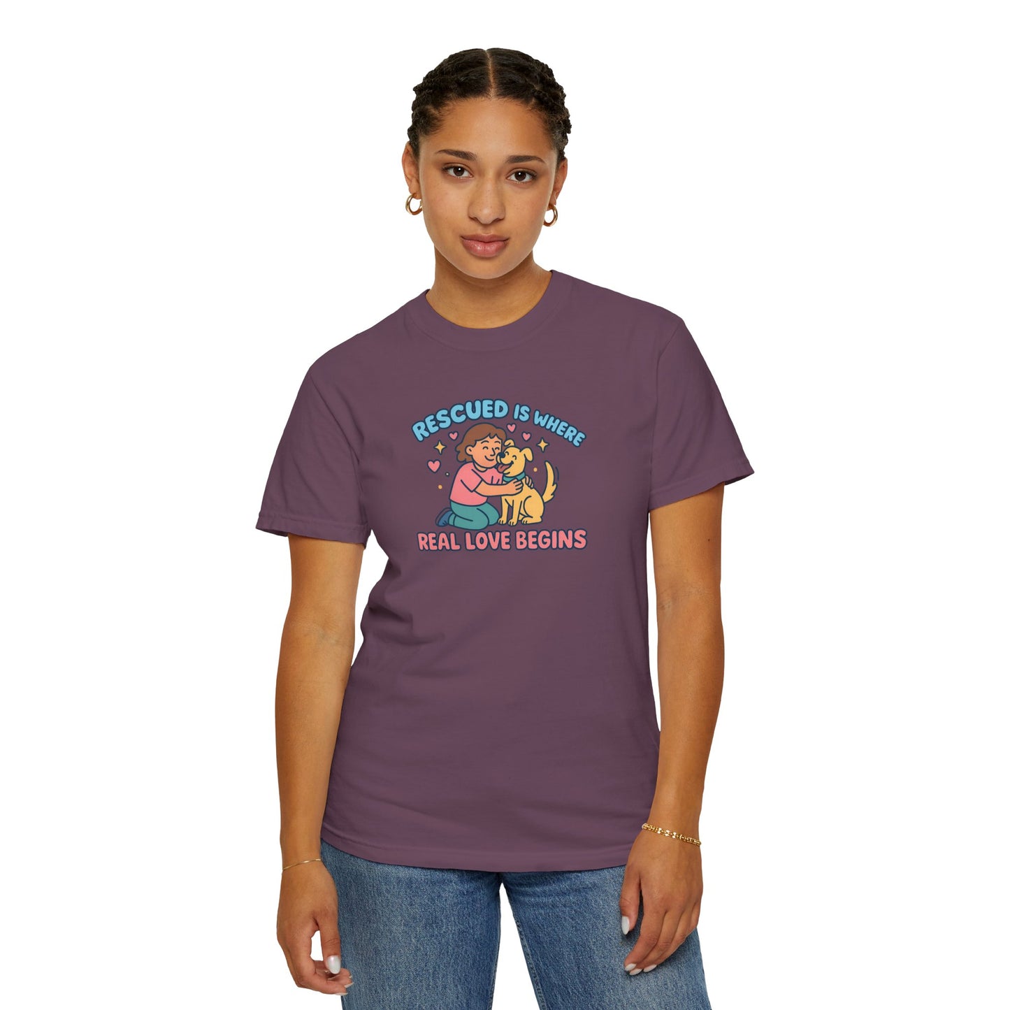 Rescued Is Where Real Love Begins Unisex T-Shirt - For Animal Lovers, Gift for Dog Owners, Adoption Awareness Tee, Casual Wear, Eco-Friendly Fashion