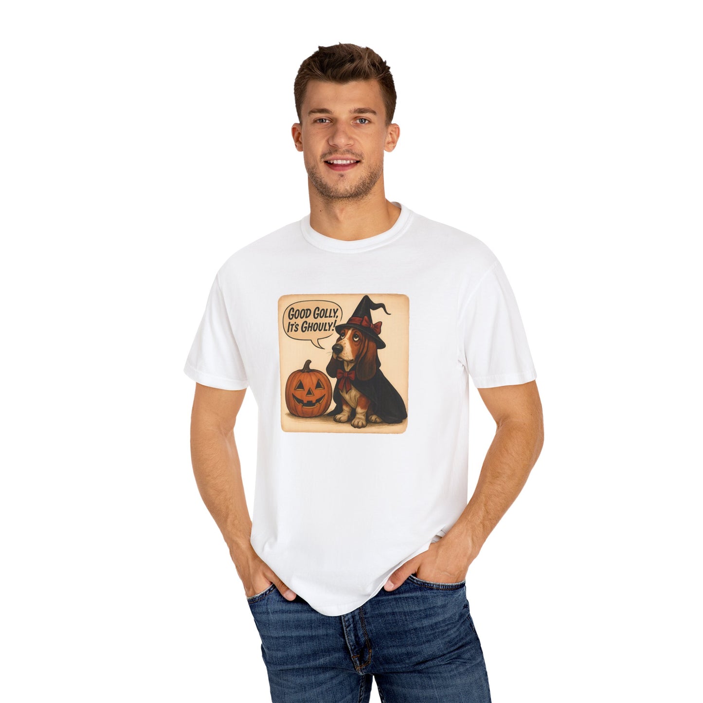 Halloween-Themed Unisex T-Shirt, Whimsical Dog Design, Cute Witch Shirt, Fall Fashion Top, Trick or Treat Apparel
