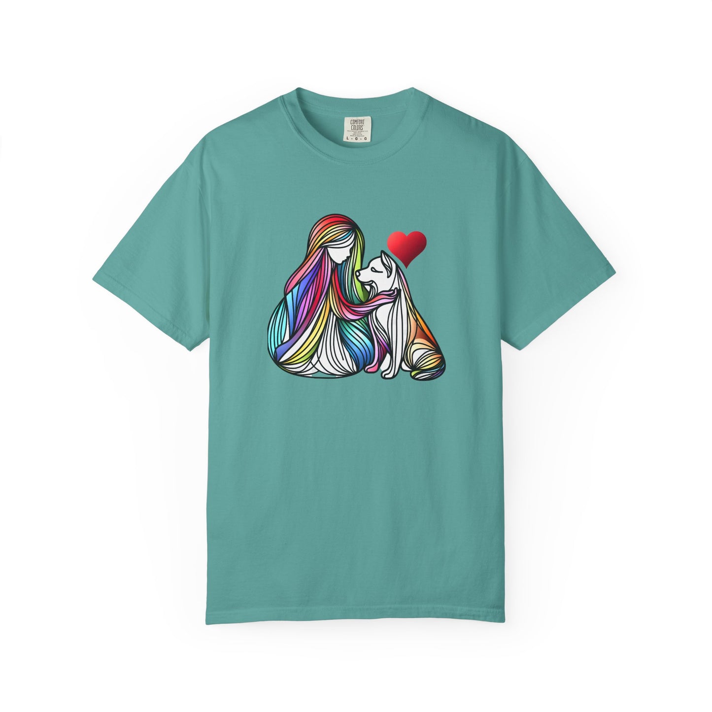 Colorful Dog Love Unisex T-Shirt - Garment-Dyed Cat & Woman Design