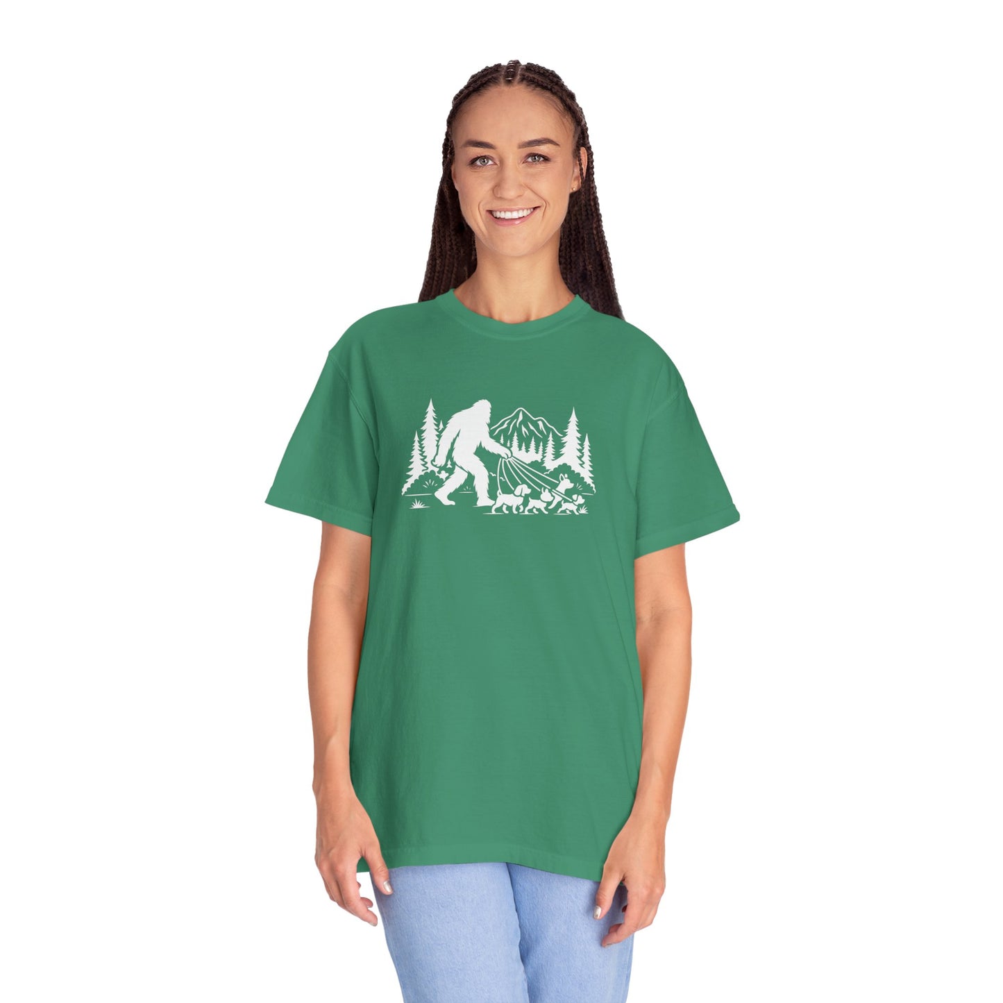Bigfoot dog walk T-Shirt with Outdoor Adventure Design