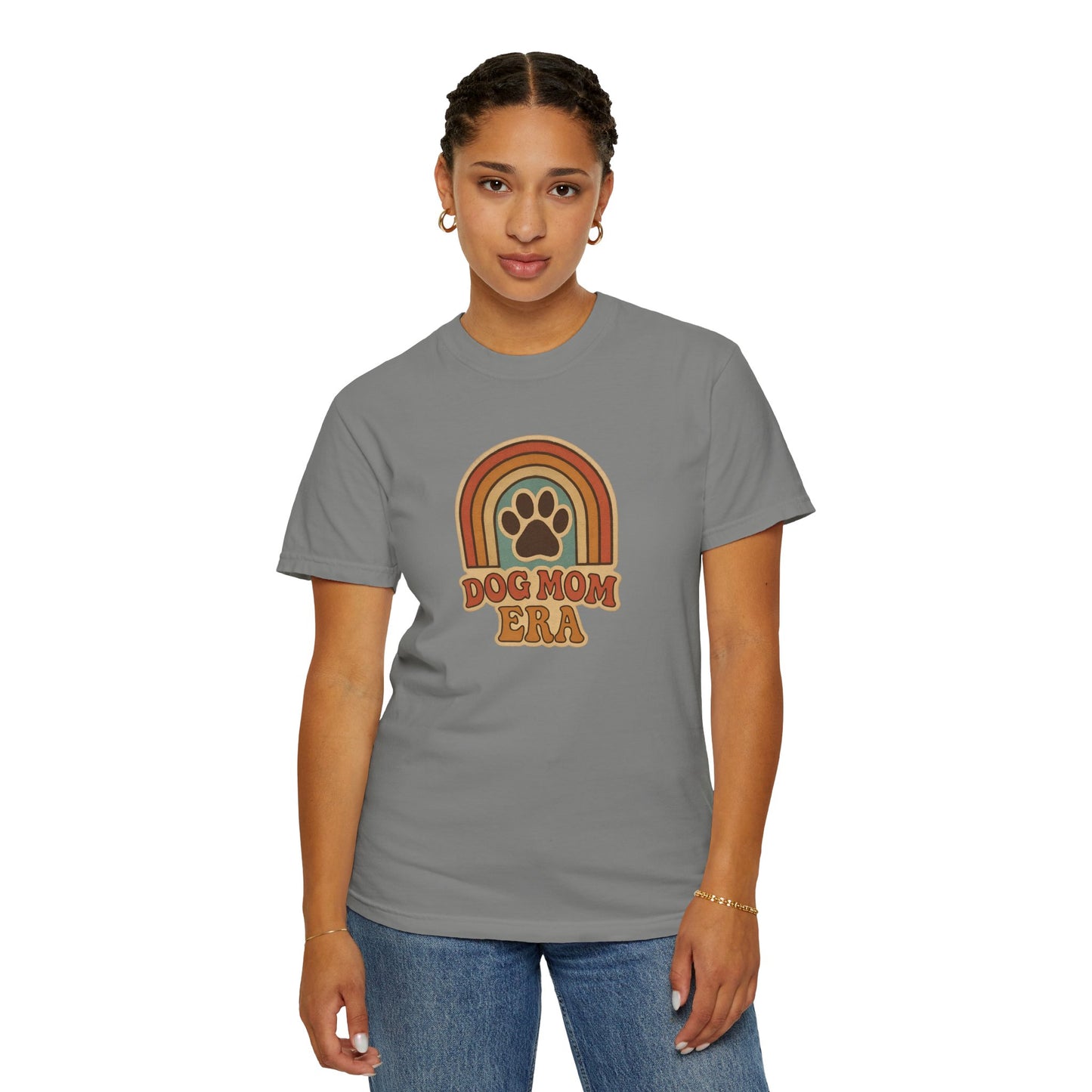 Dog Mom Era T-Shirt, Unisex Garment-Dyed Tee, Pet Lover Apparel, Gift for Dog Moms, Casual Everyday Wear, Rainbow Design