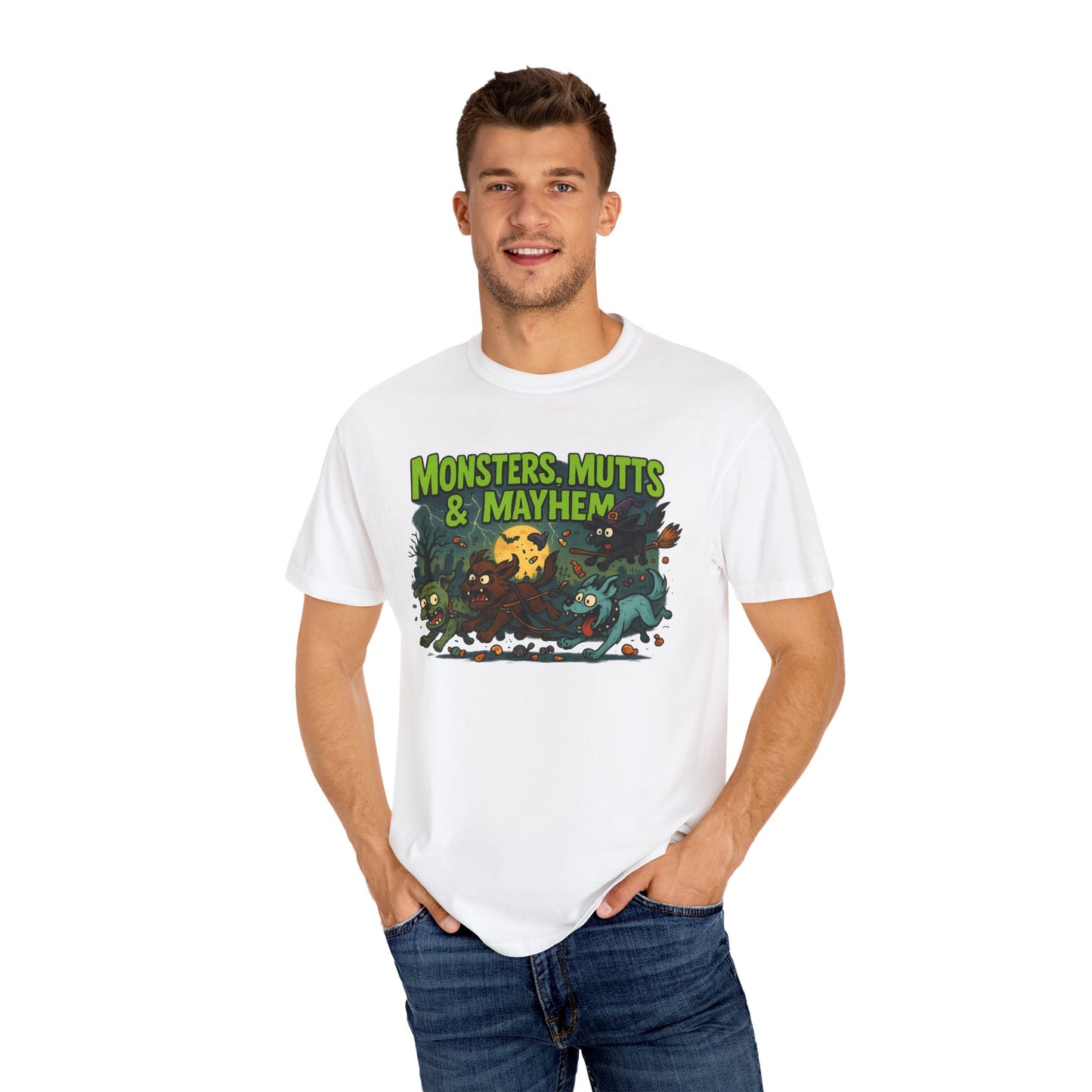 Monsters, Mutts & Mayhem Garment-Dyed T-Shirt, Vintage Style Tee, Animal Lovers Gift, Fun Graphic Shirt, Halloween Costume, Casual Wear