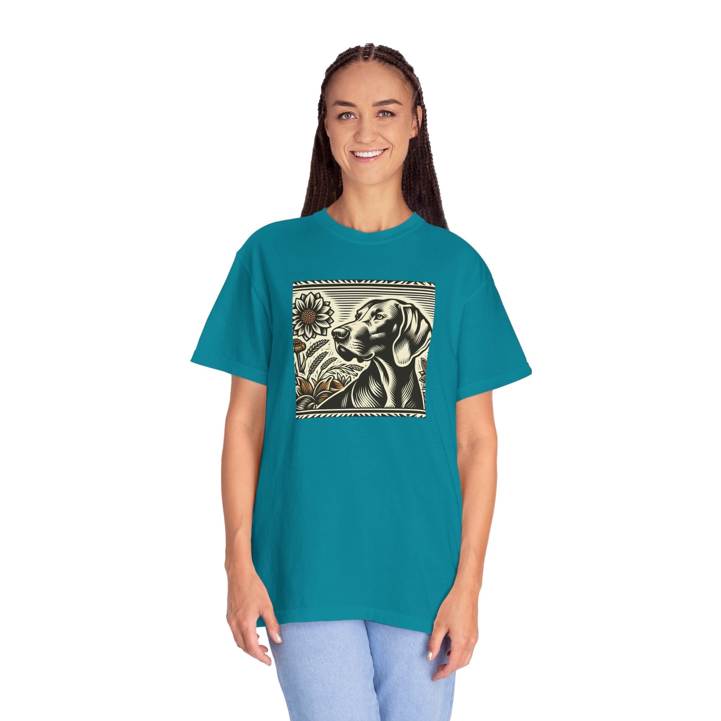 Weimaraner Dog Lover's Unisex Garment-Dyed T-Shirt with Floral Design