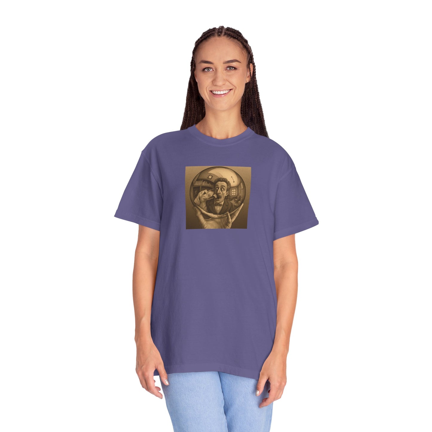 MC Escher and His Dog Unisex Garment-Dyed T-shirt - Retro Design for Creative Souls