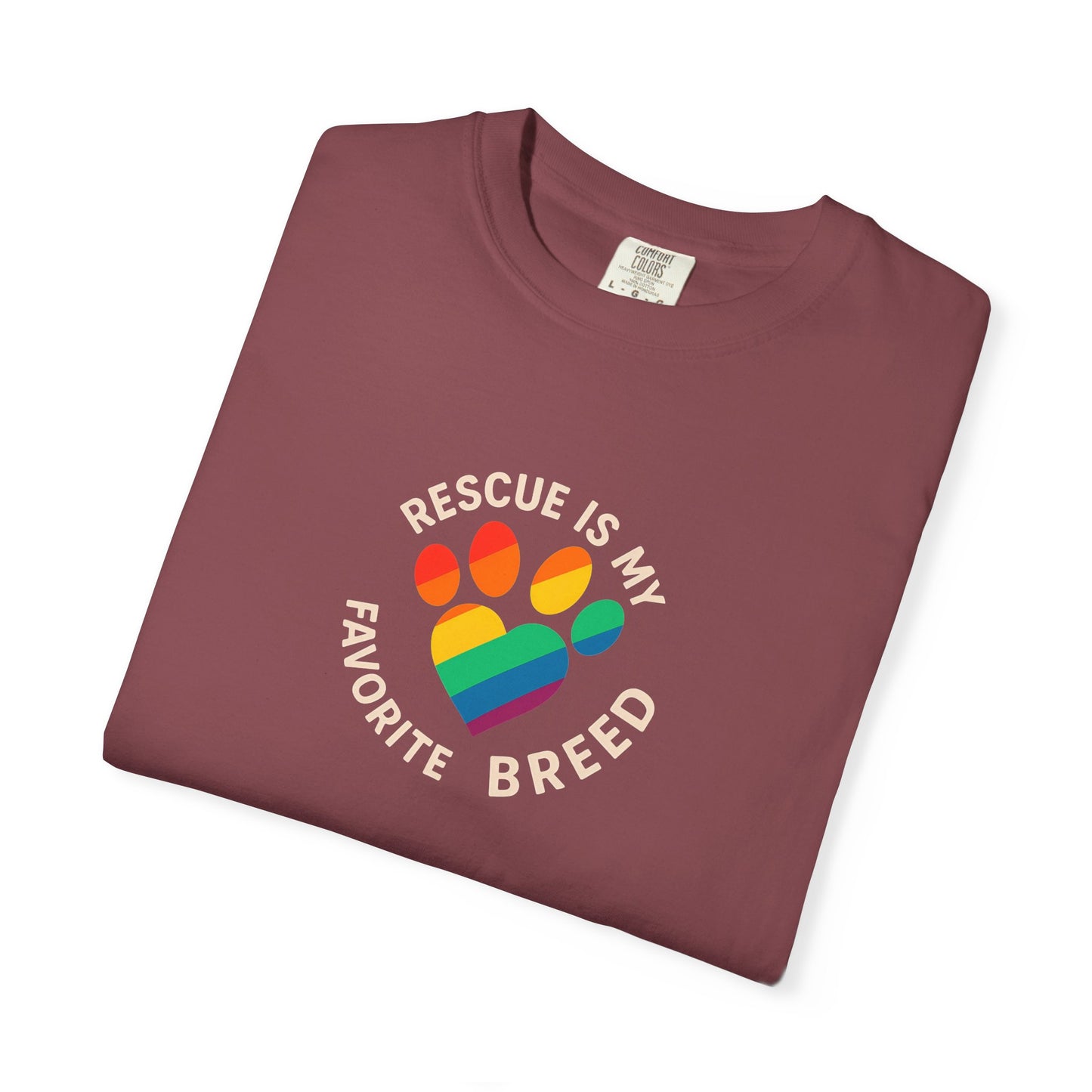 Rescue Is My Favorite Breed T-Shirt, Unisex Rainbow Dog Lover Tee, Pet Adoption Shirt, LGBTQ+ Apparel, Gift for Animal Lovers